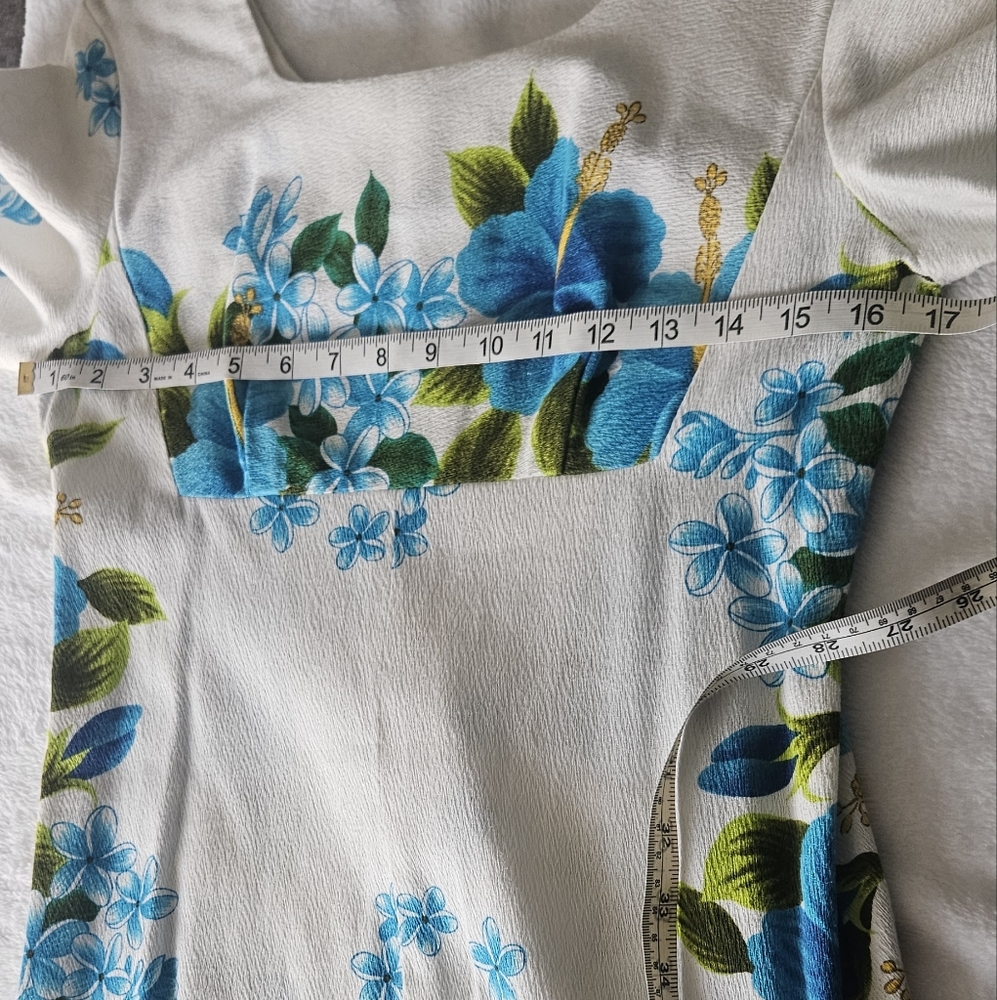 🌺 Ui-Maikai VTG Hibiscus + Plumeria Floral Maxi Dress Blue/White - Picture 6 of 8